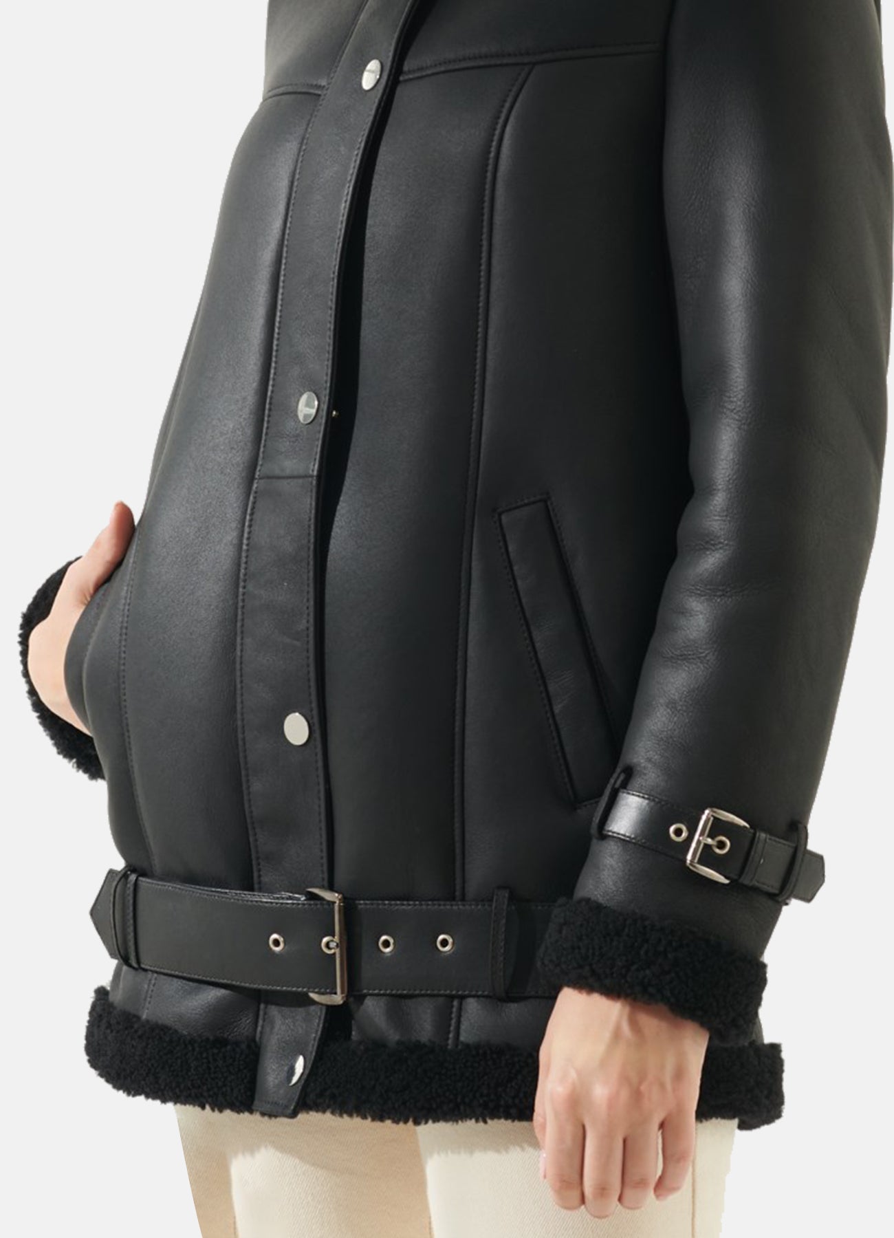 Women's Casual Black Oversized Shearling Leather Jacket