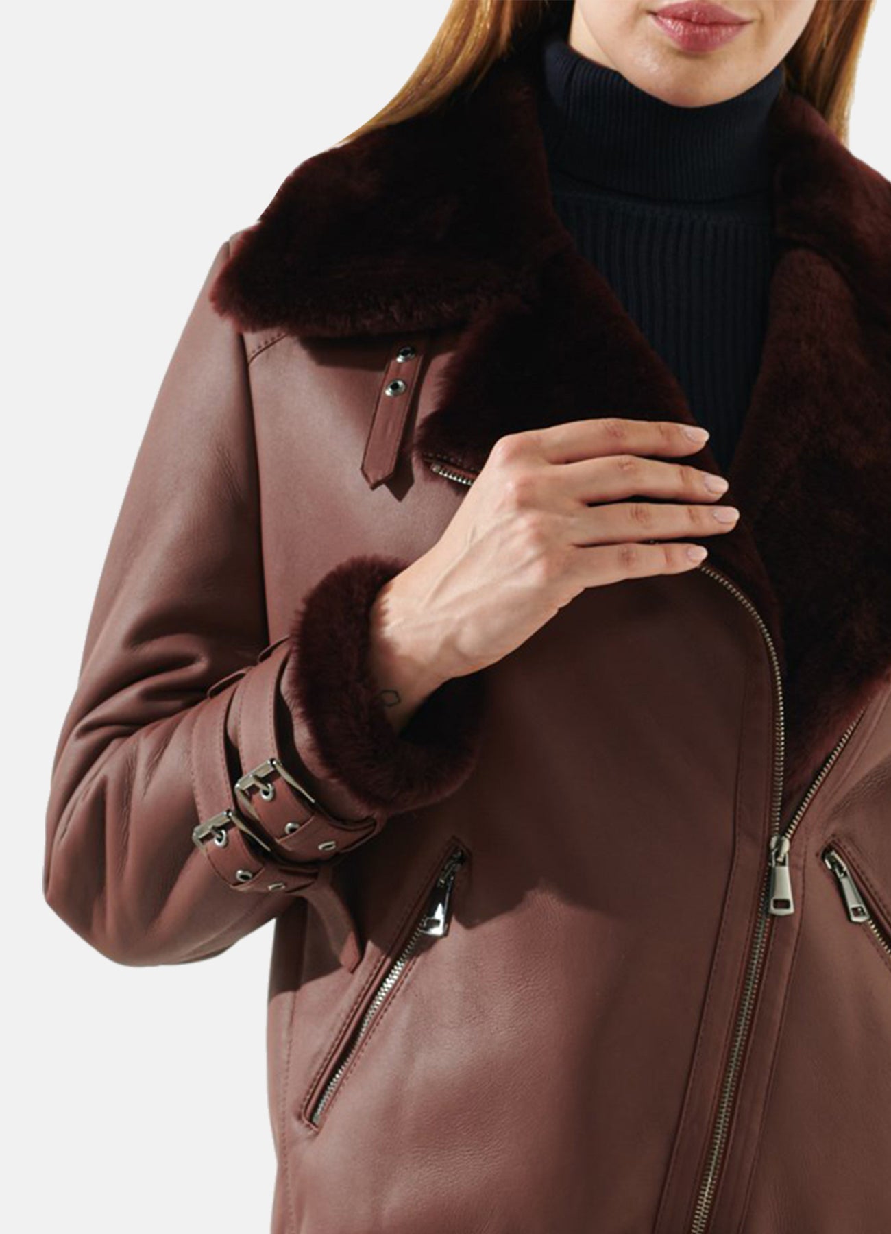 Women's Maroon Oversized Shearling Leather Jacket