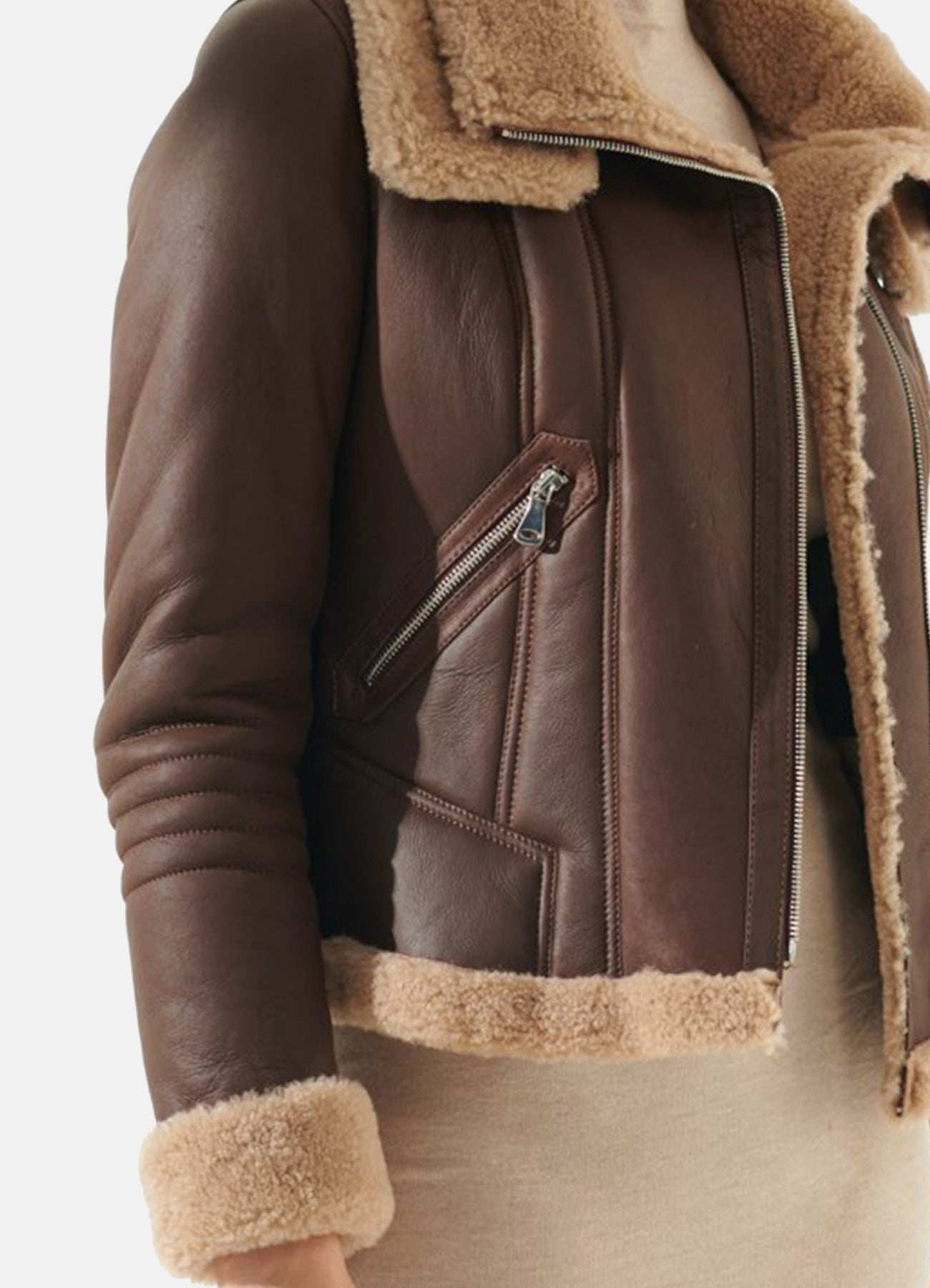 Women's Brown Double Collar Shearling Leather Jacket