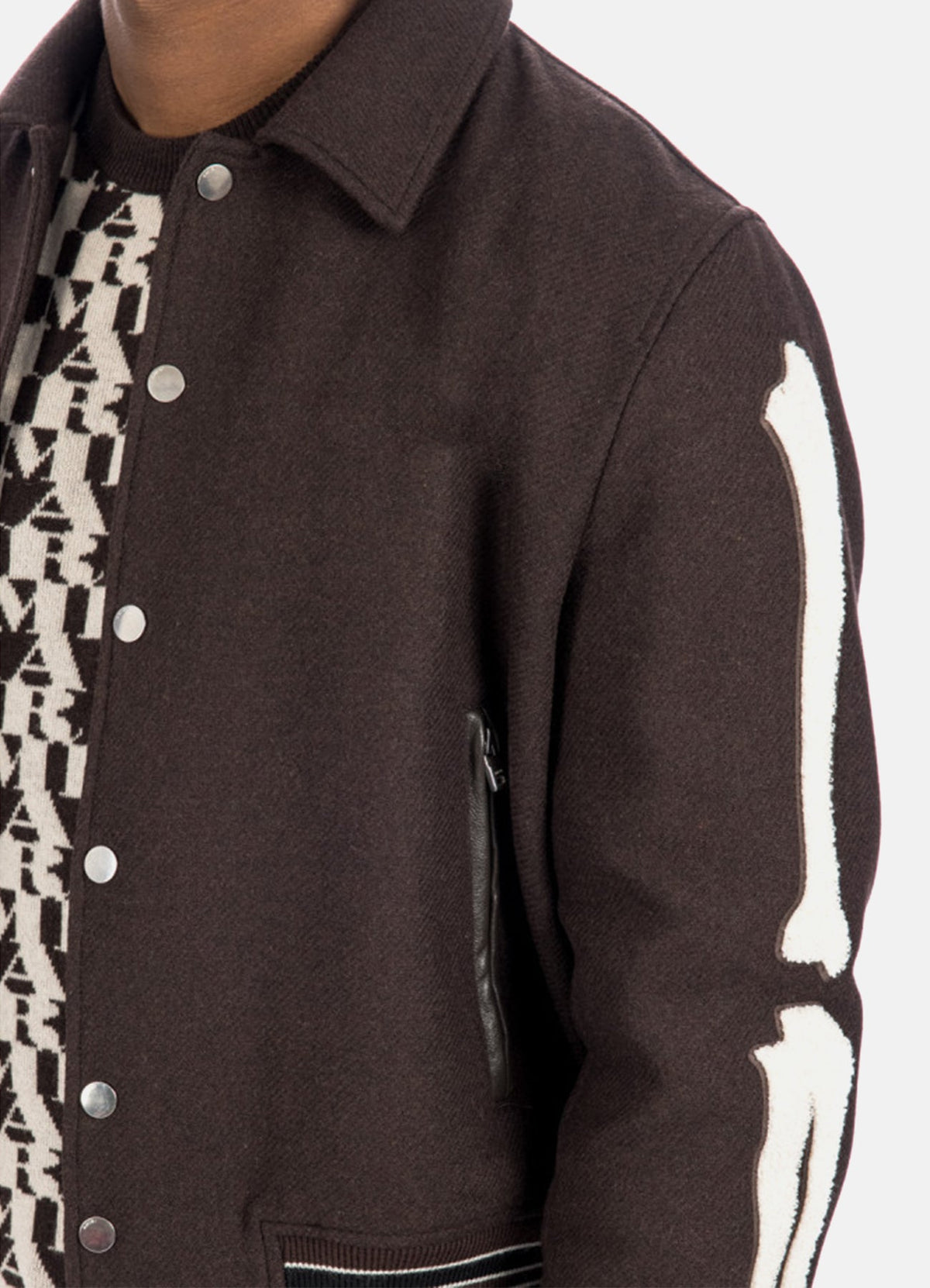Men's Dark Brown Bone Design Varsity Jacket