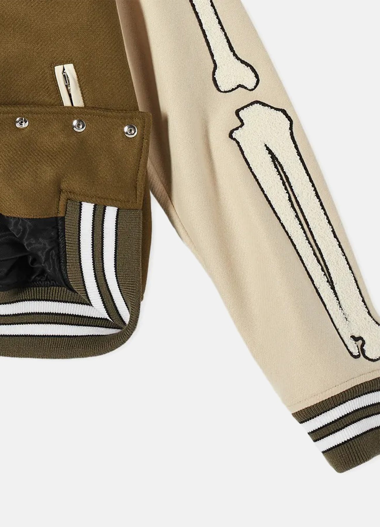 Men's Olive Green and Beige Bone Design Varsity Jacket
