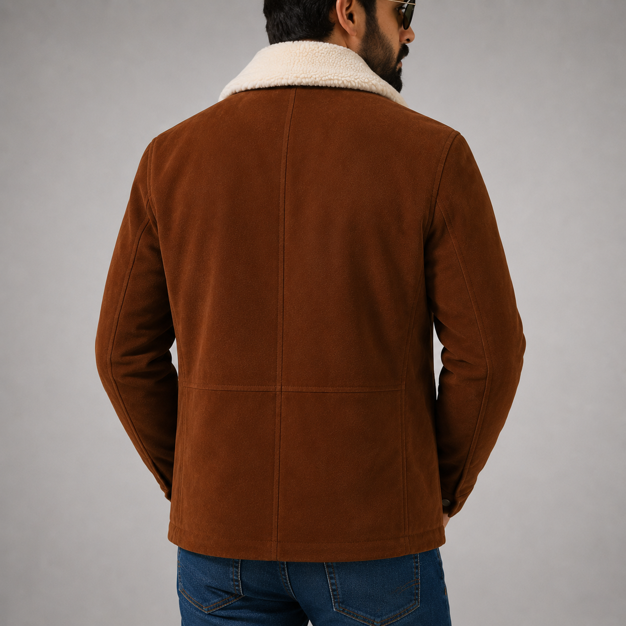 Men’s Brown Suede Leather Jacket with Sherpa Collar