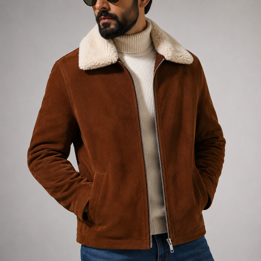 Men’s Brown Suede Leather Jacket with Sherpa Collar