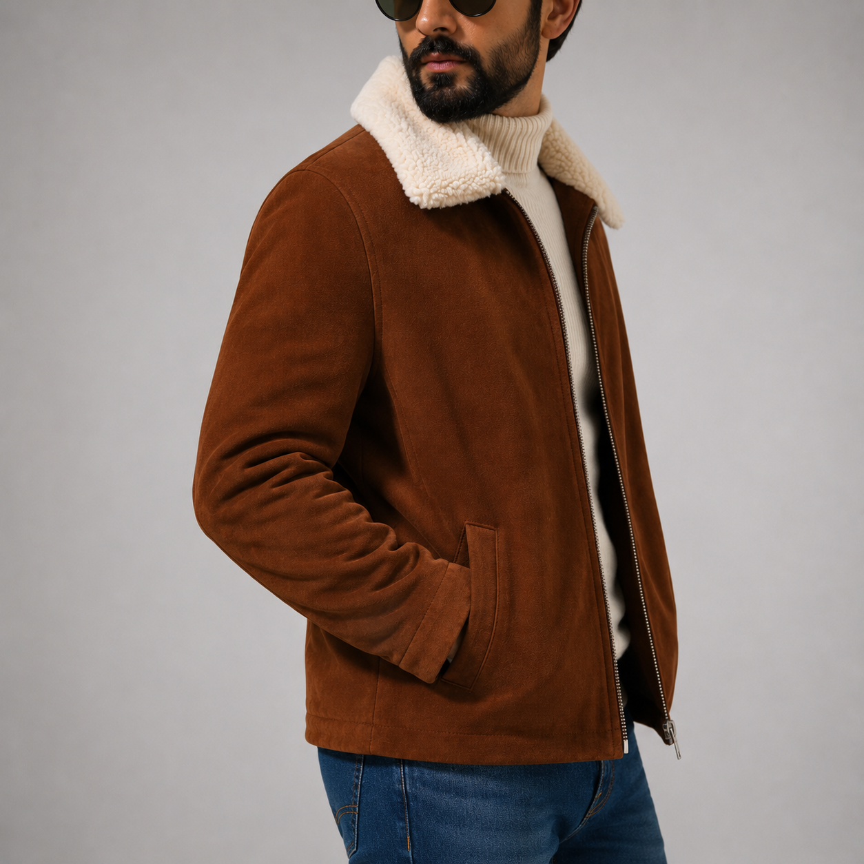 Men’s Brown Suede Leather Jacket with Sherpa Collar