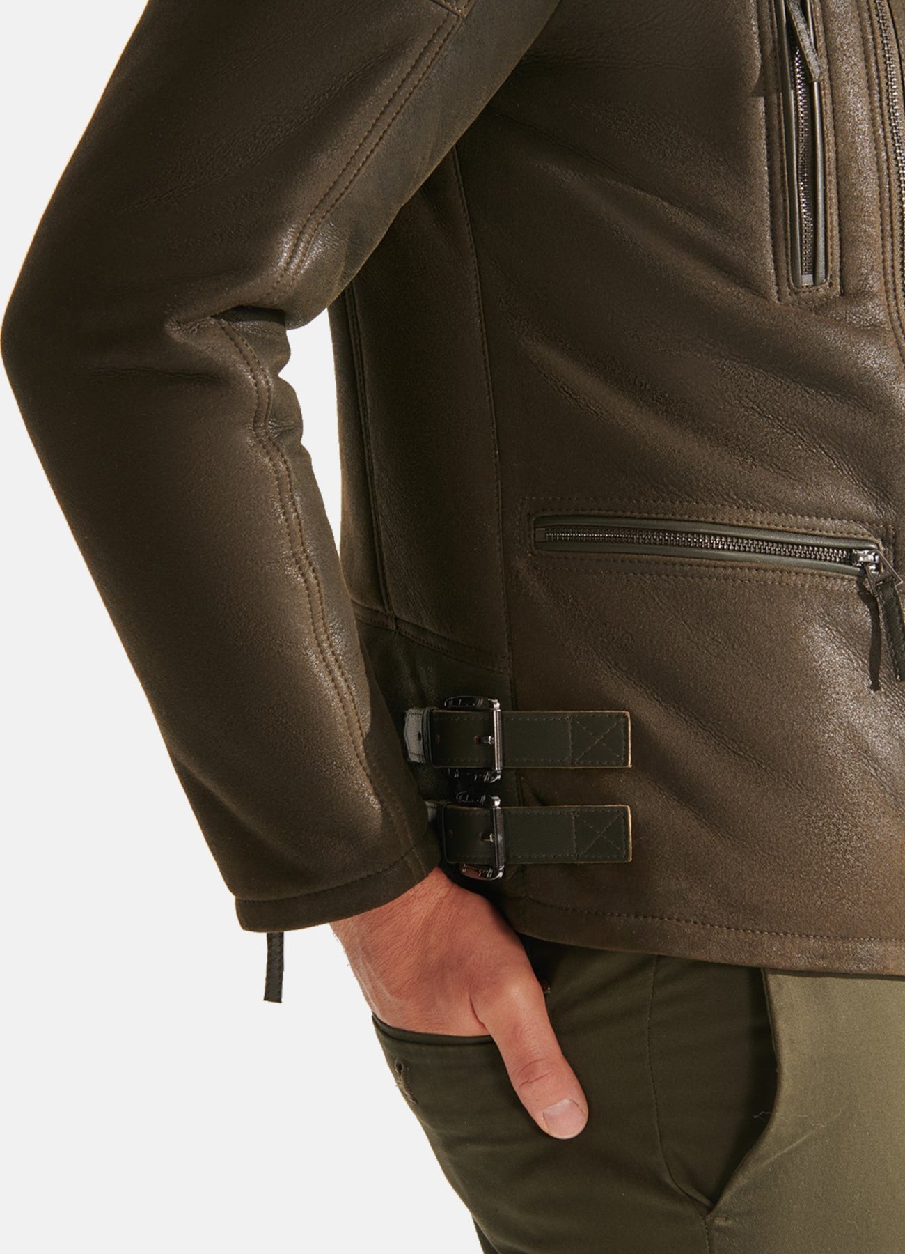 Men's Casual Moss Green Shearling Leather Jacket