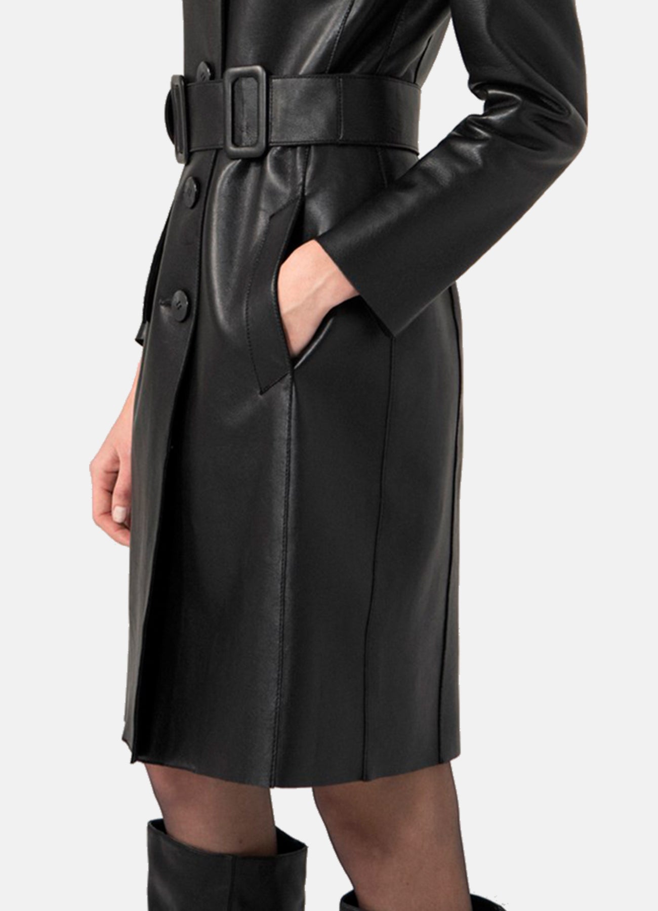 Women's Smooth Black Trench Leather Coat