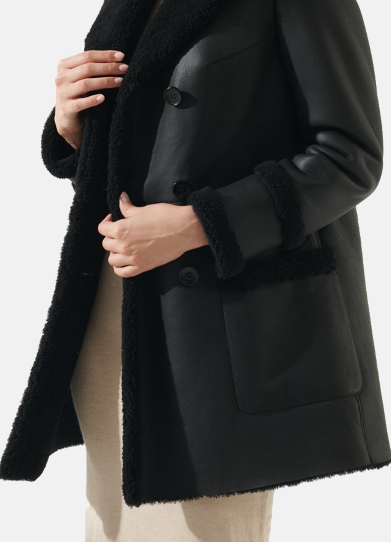 Women's Jet Black Shearling Leather Coat