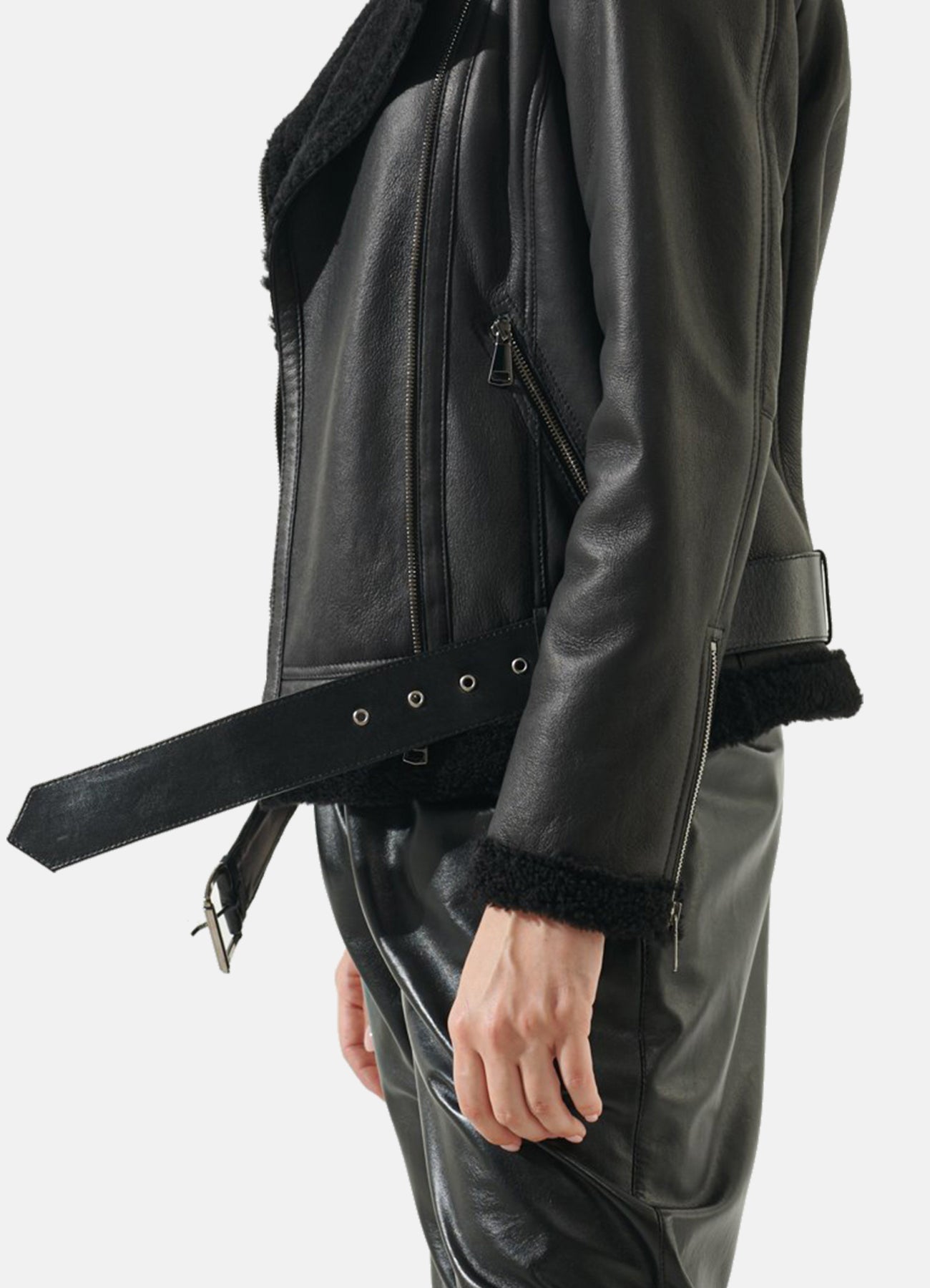 Women's Casual Black Shearling Leather Jacket