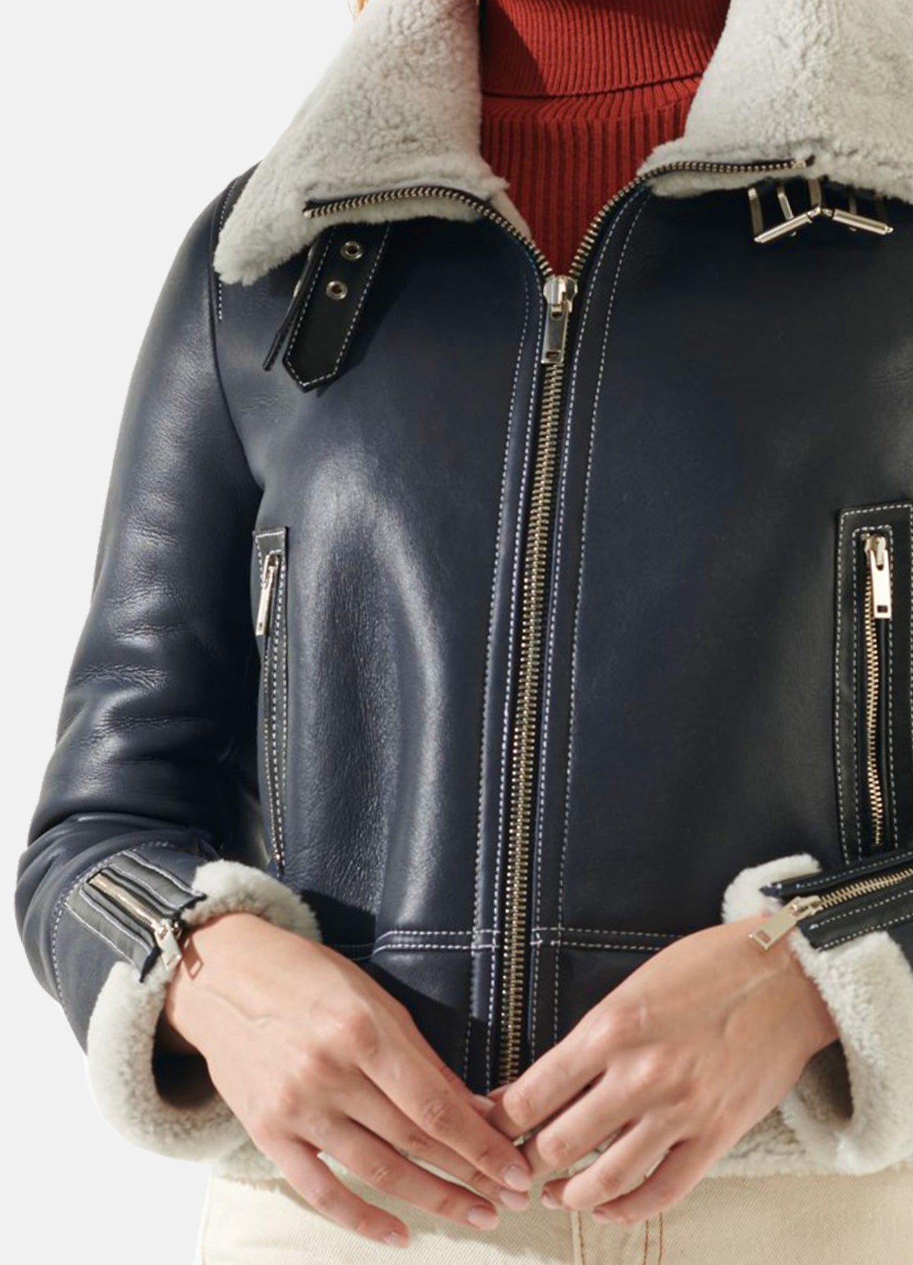Women's Navy Blue Shearling Leather Jacket
