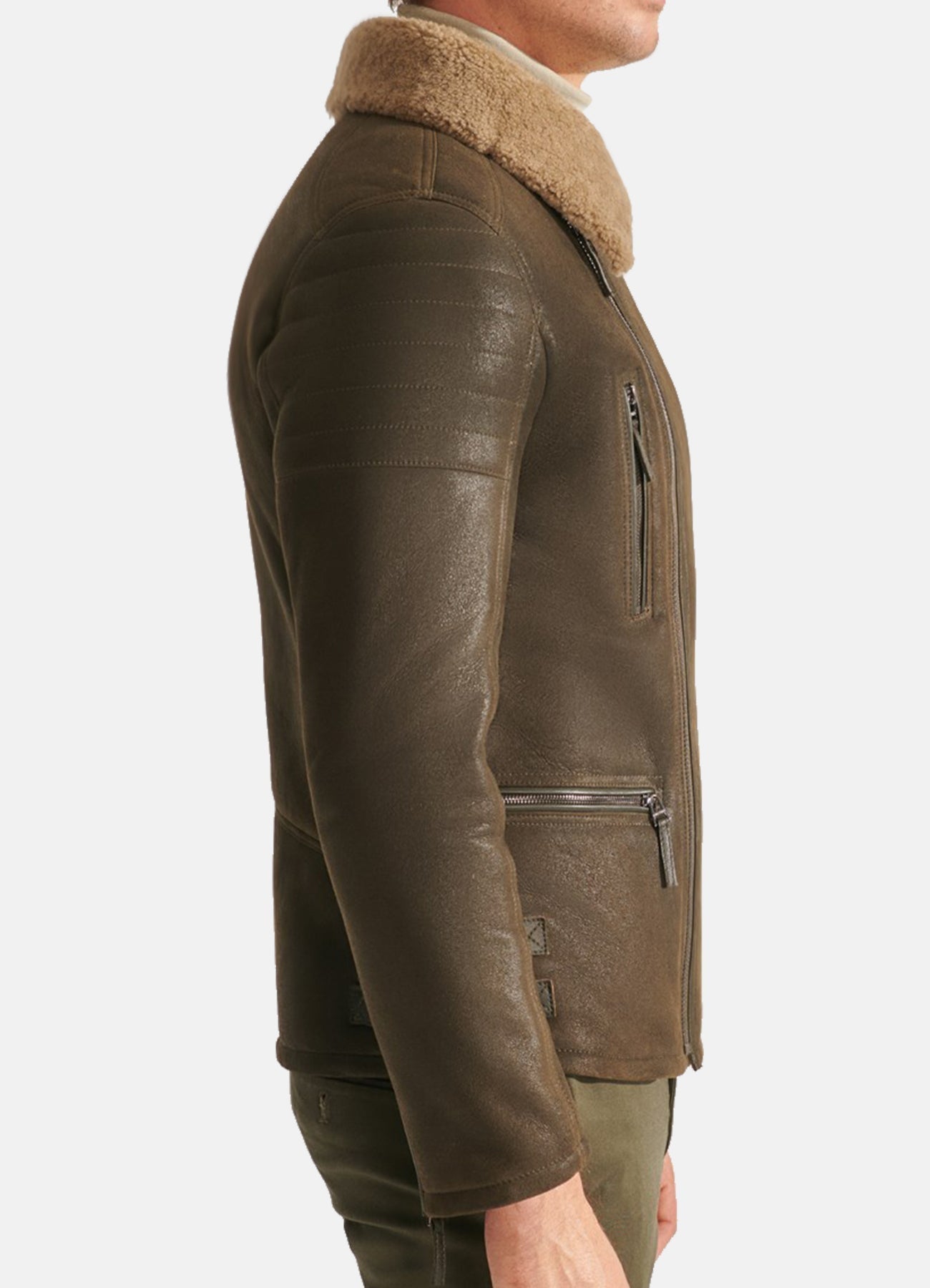 Men's Casual Moss Green Shearling Leather Jacket
