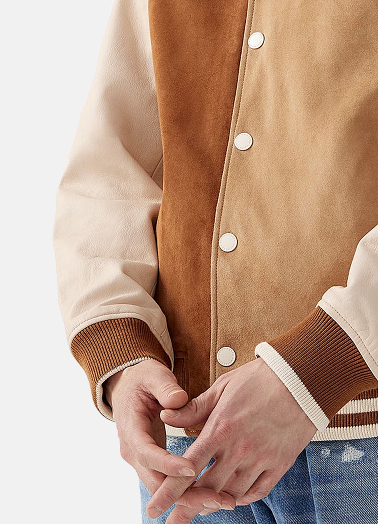 Men's Tan and Beige Suede Varsity Jacket