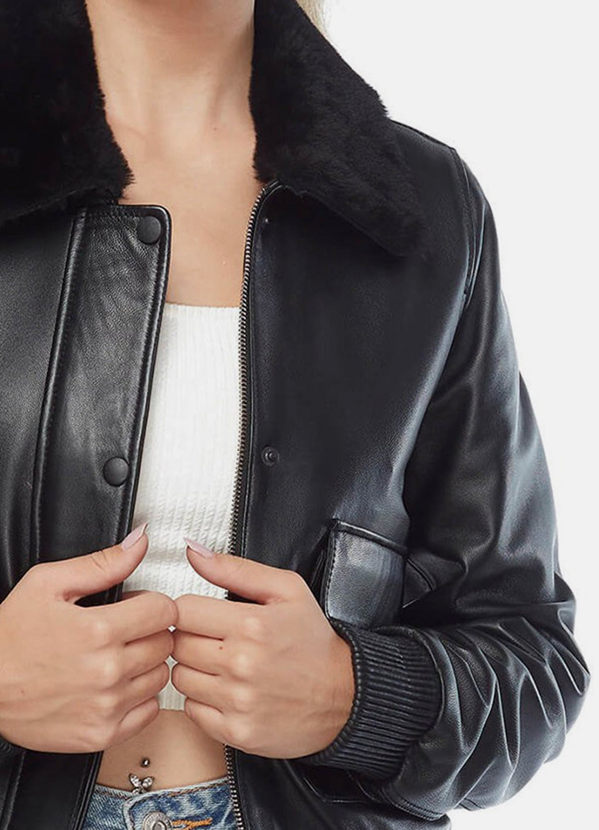 Women's Jet Black Bomber Leather Jacket