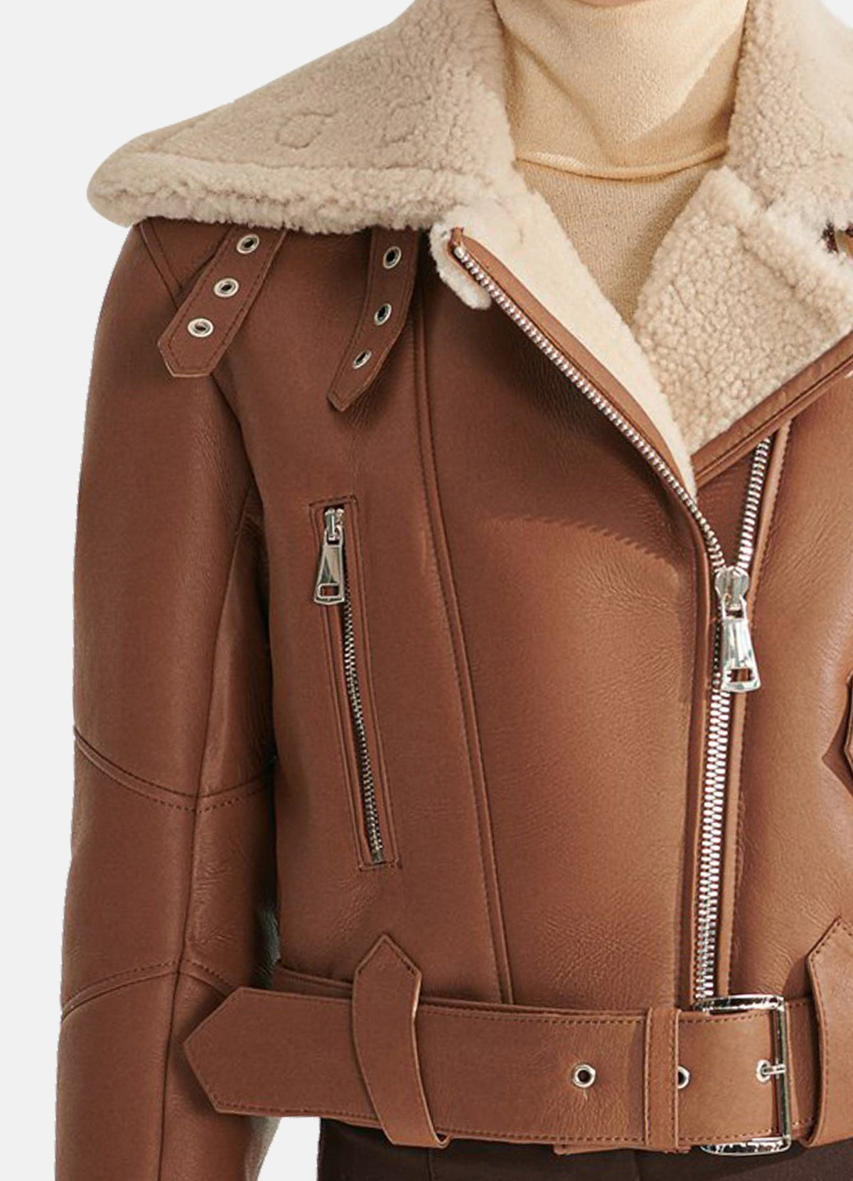 Women's Short Length Tan Shearling Leather Jacket