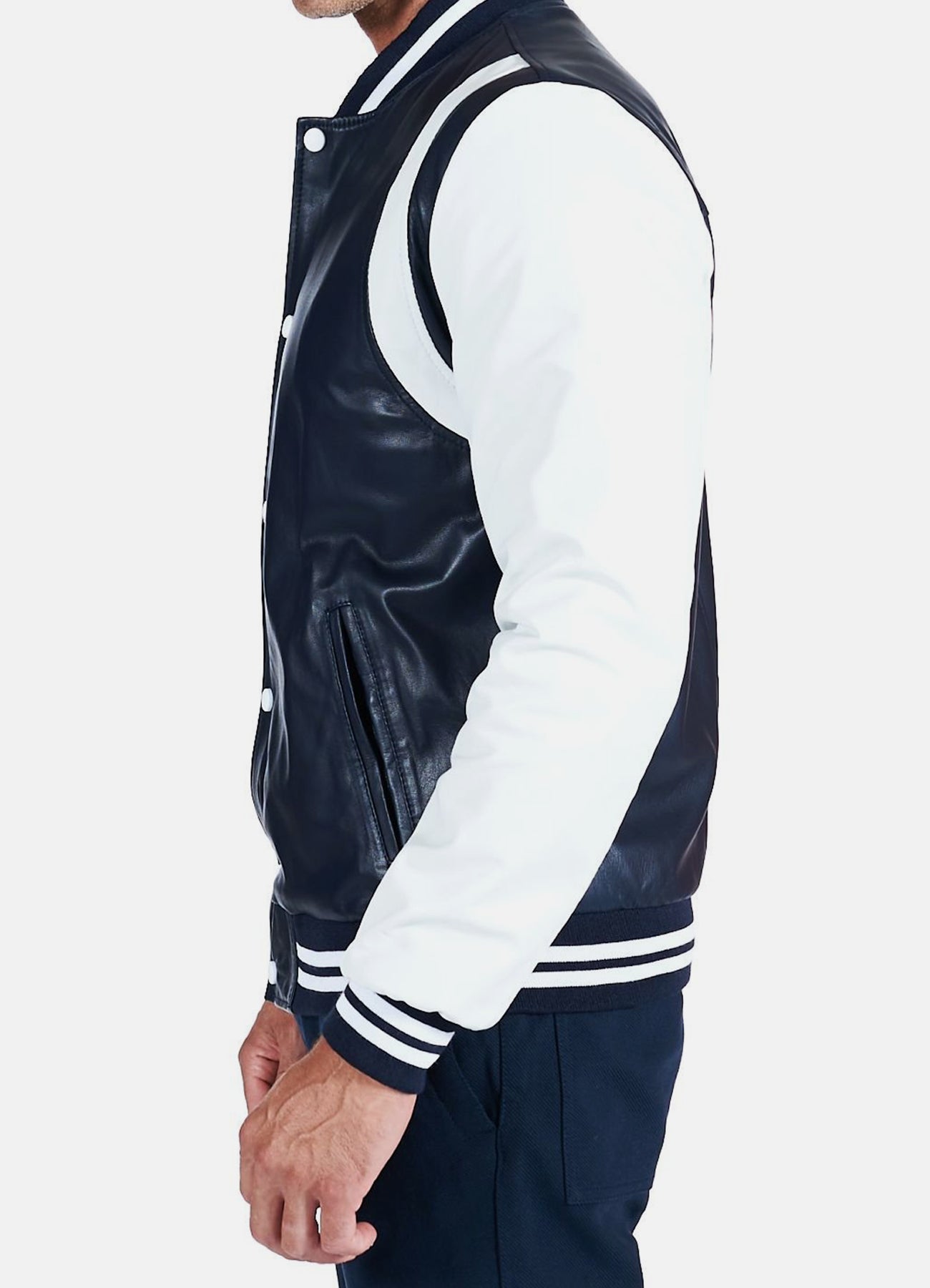 Men's Dark Blue and White Varsity Jacket