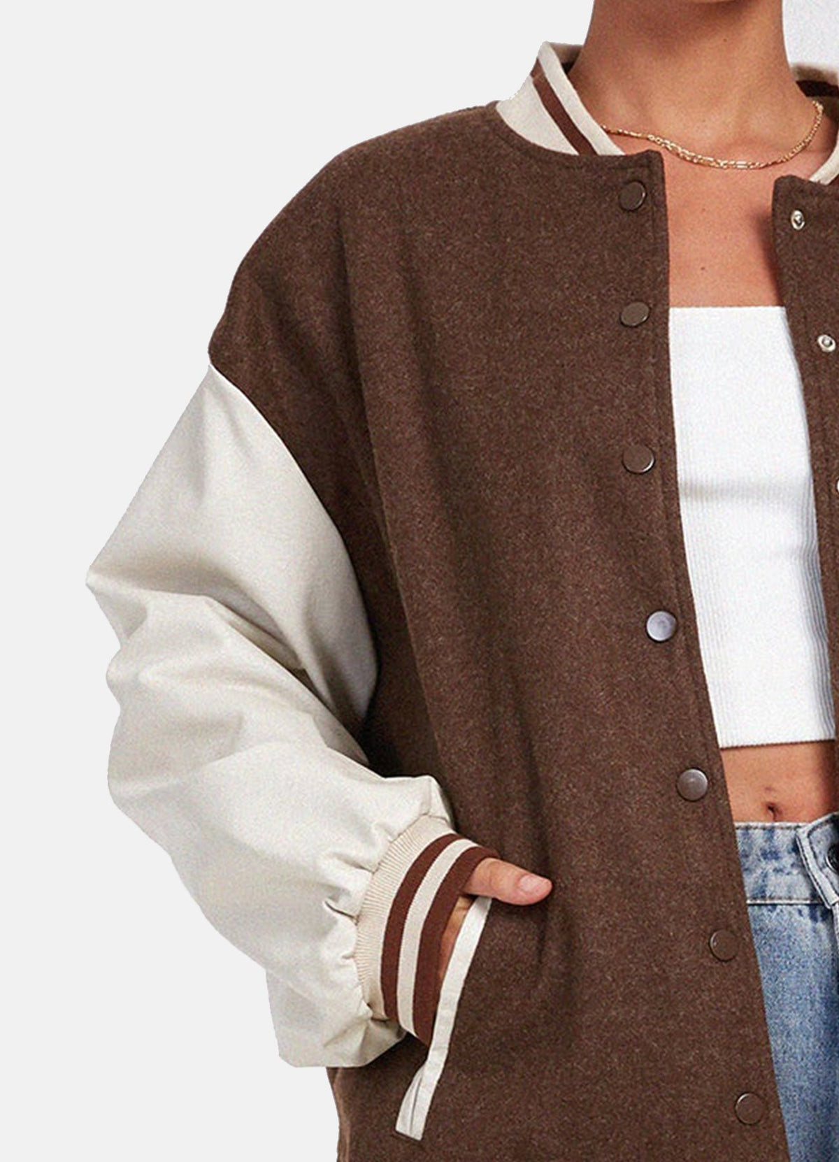 Women's Brown and White Oversized Varsity Jacket