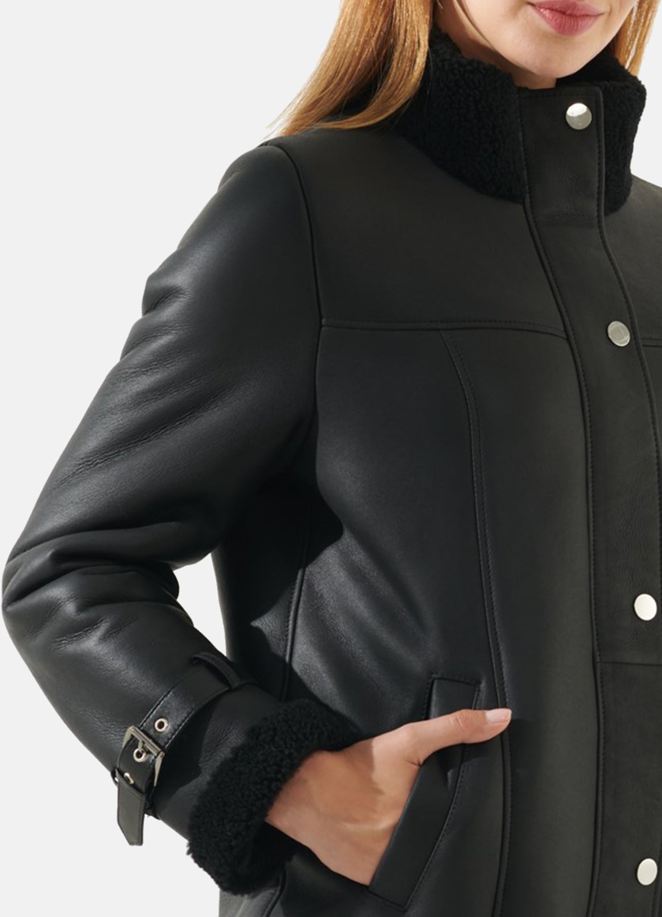 Women's Casual Black Oversized Shearling Leather Jacket