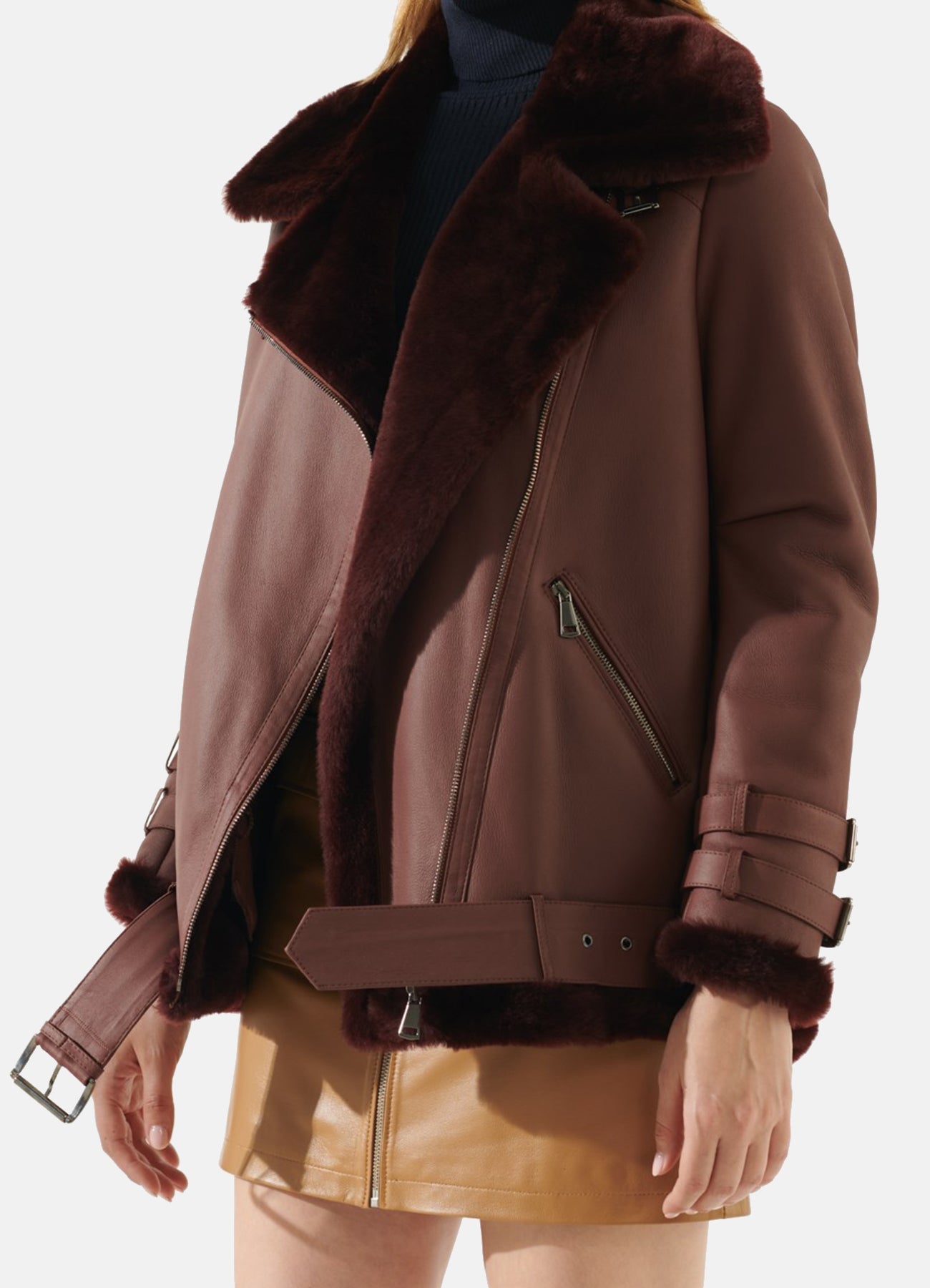 Women's Maroon Oversized Shearling Leather Jacket