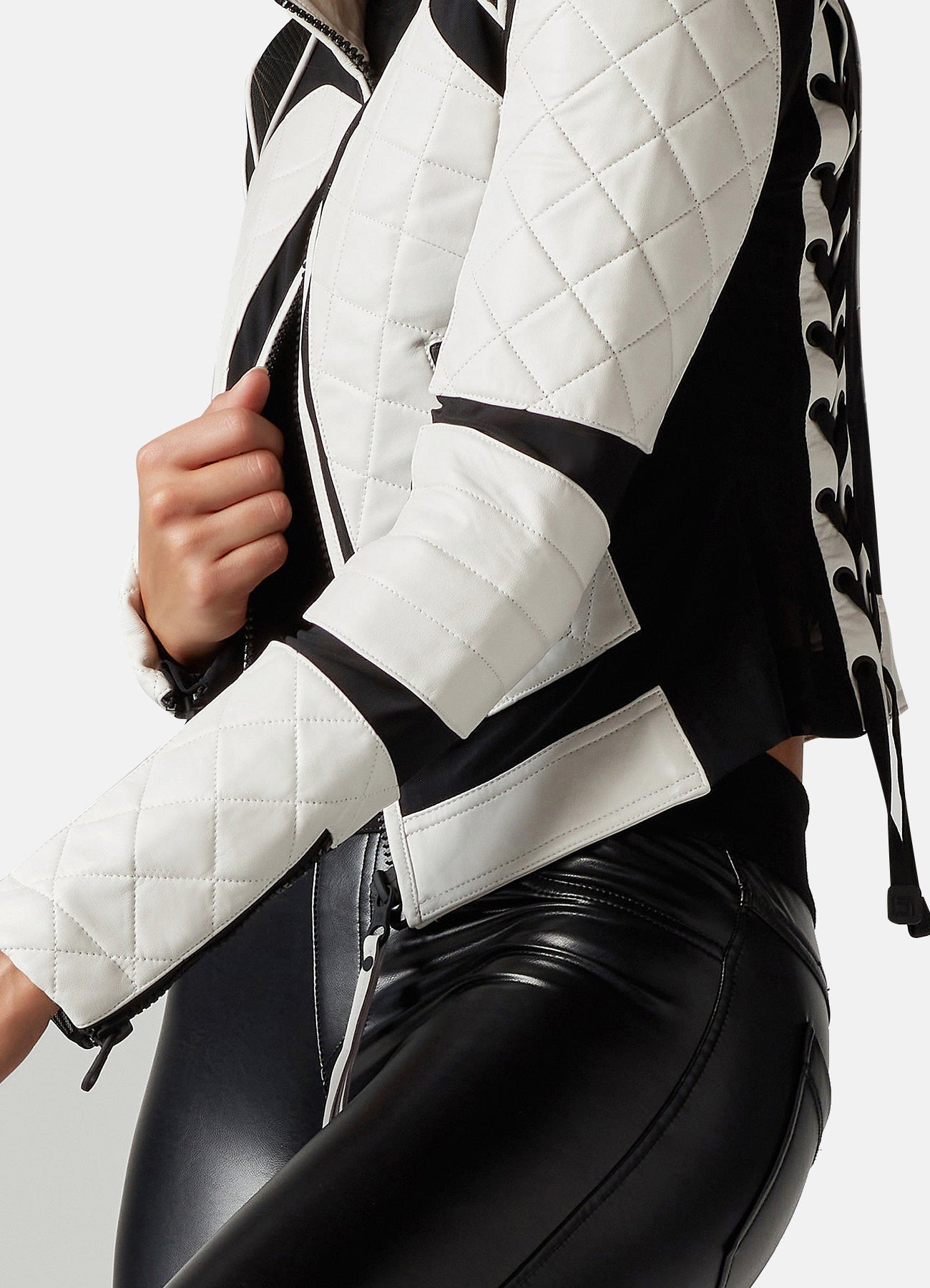 Women's White and Black Biker Leather Jacket