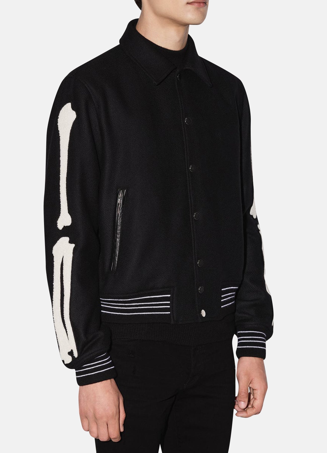 Men's Deep Black Bone Design Varsity Jacket