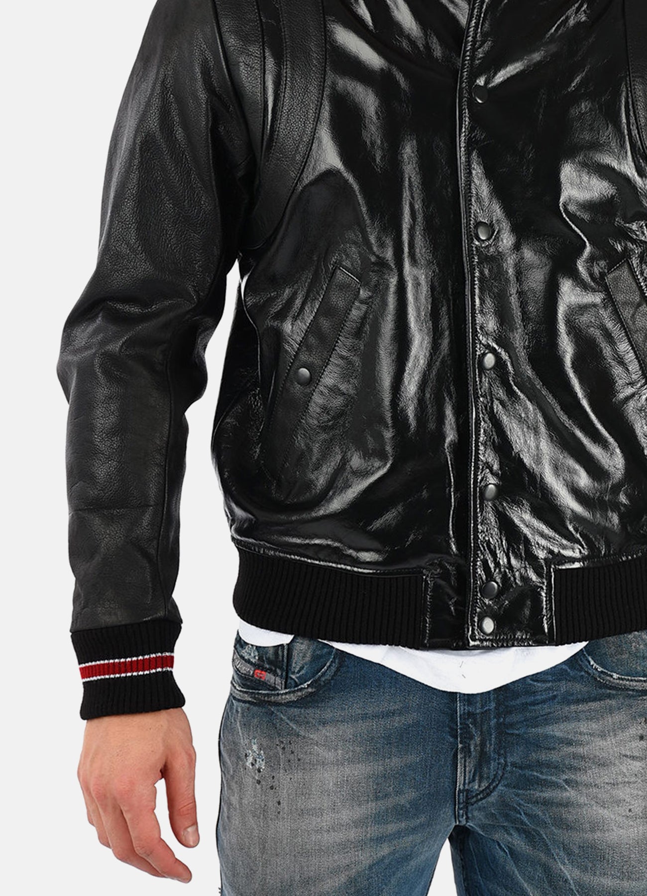 Men's Shiny Black Varsity Leather Jacket