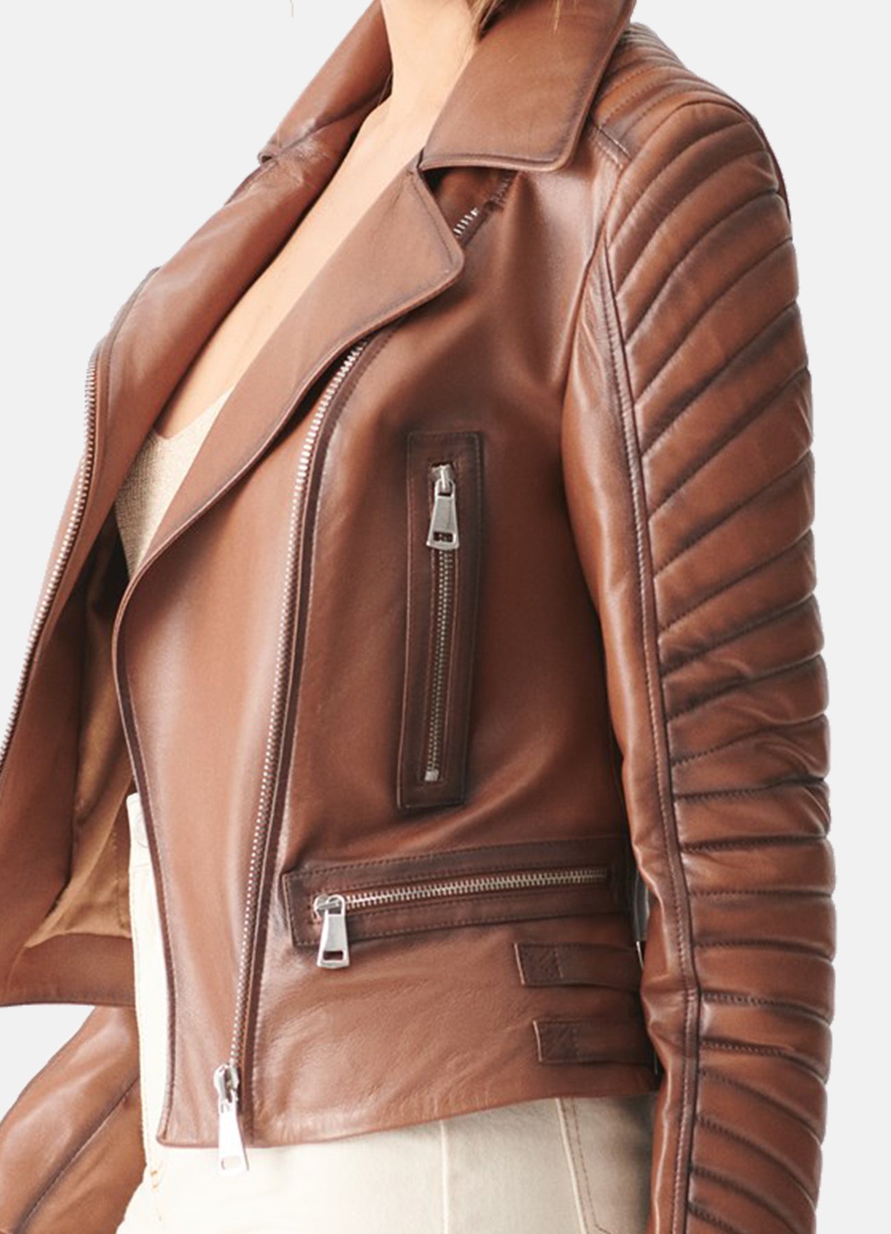 Women's Padded Brown Biker Leather Jacket