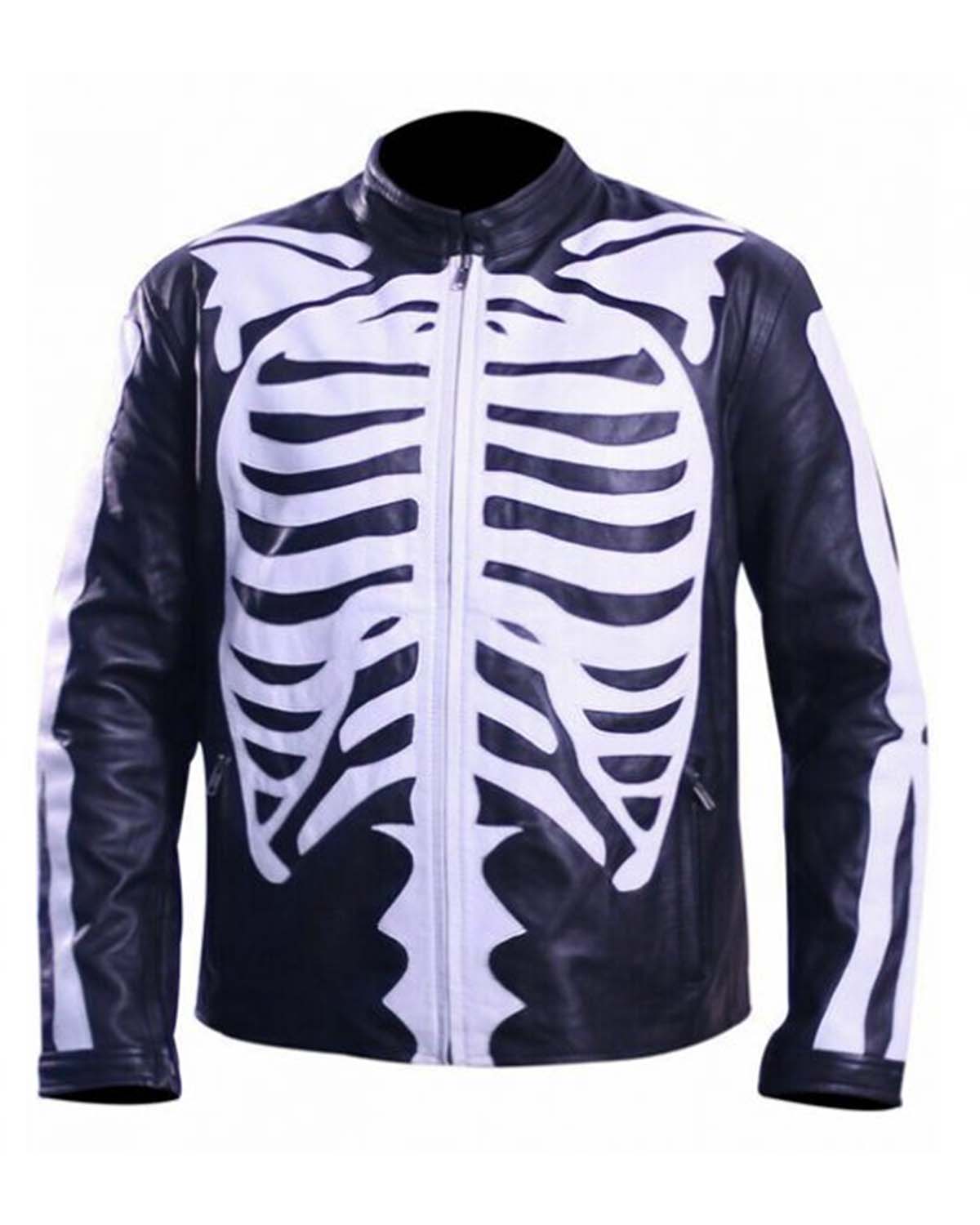 Men's Motorcycle Biker Skeleton Bones Leather Jacket Black/Blue