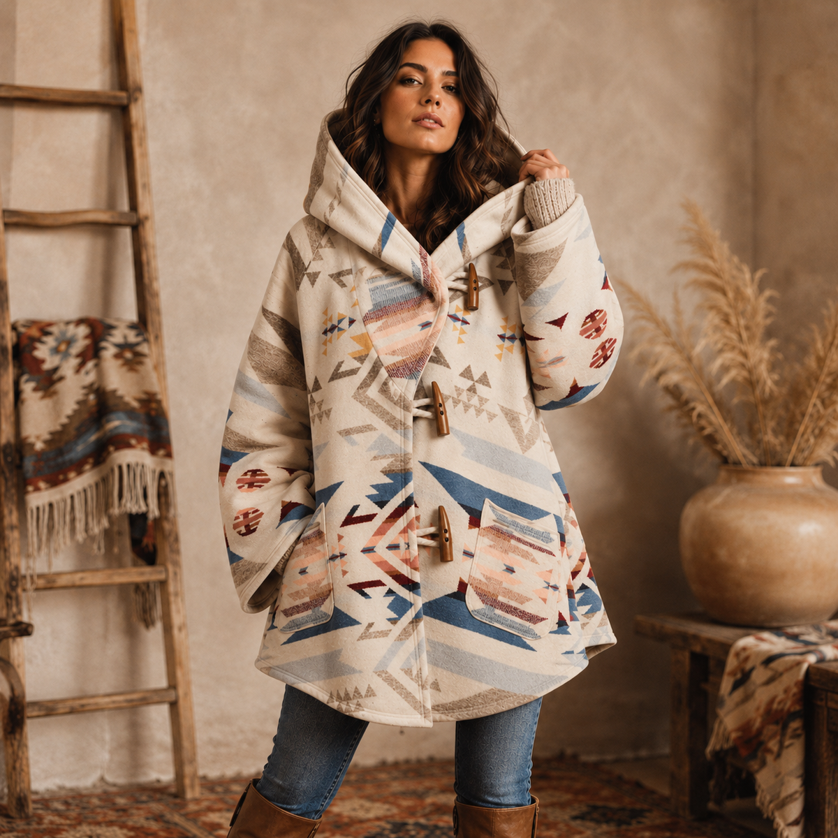 Women's Southwestern Aztec Hooded Toggle Coat