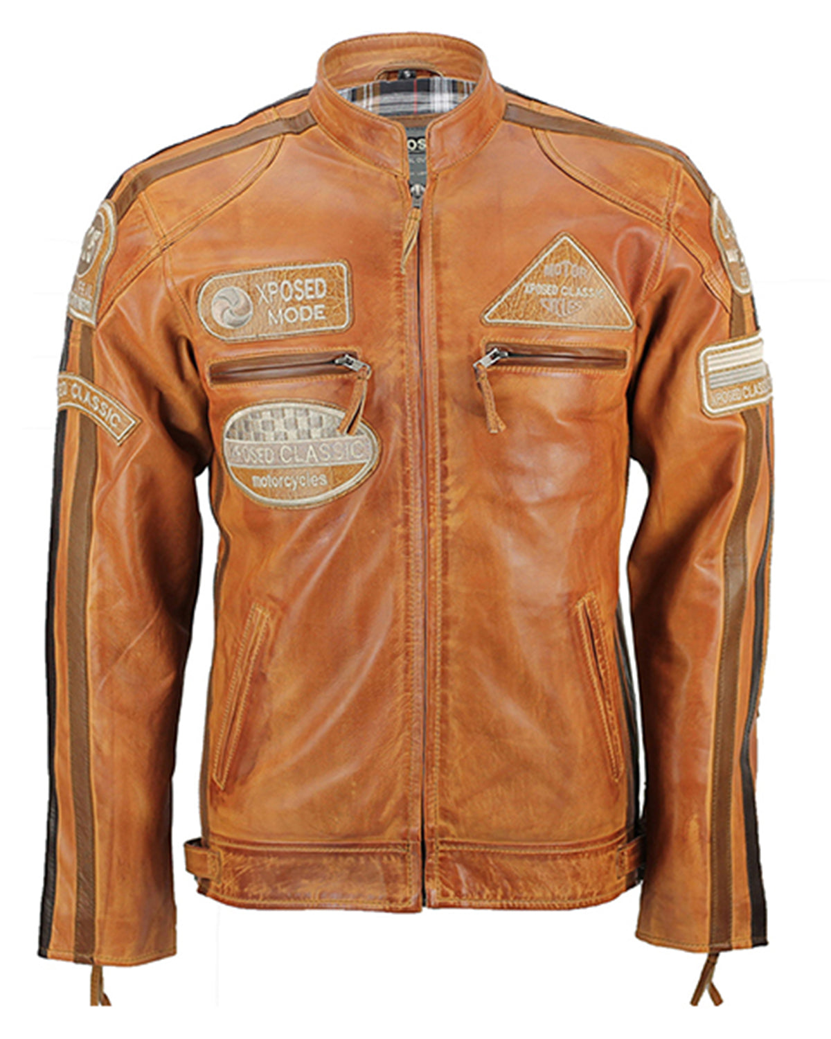 Men Tan Leather Biker Vintage Xpode Jacket With Patches