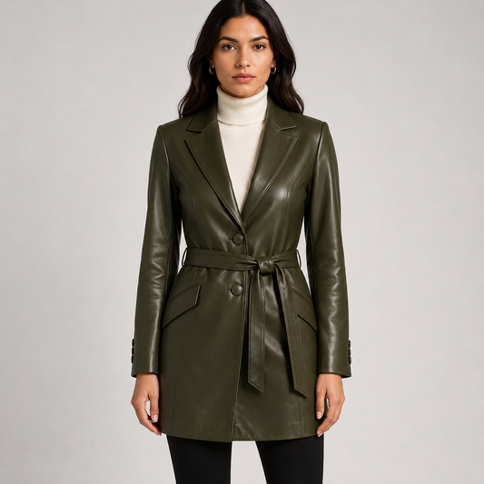 Olive Vale Belted Leather Blazer Coat