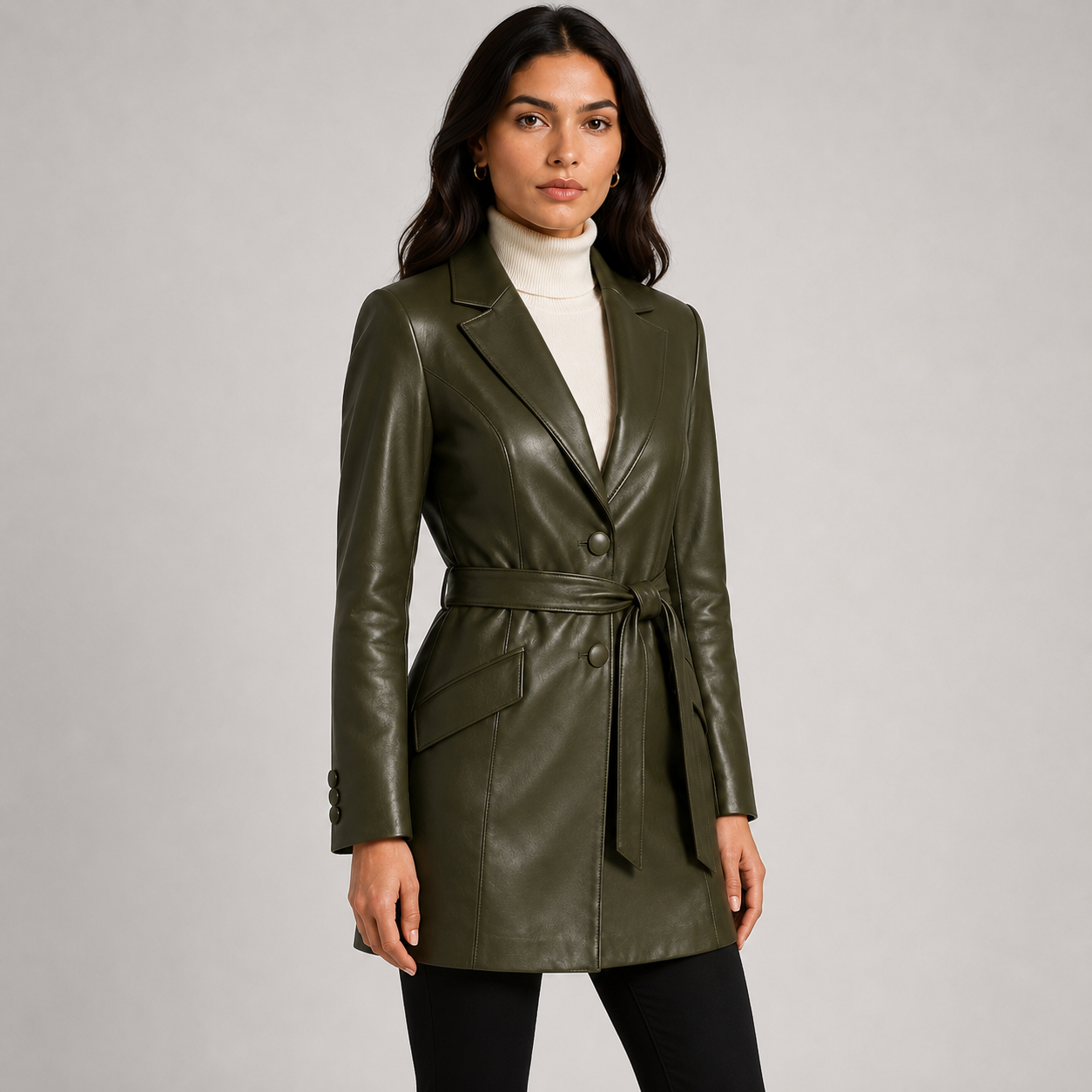 Olive Vale Belted Leather Blazer Coat